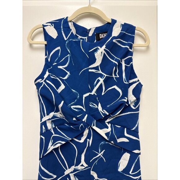 DKNY Womens Size 6 Petite Blue White Twist Front Sleeveless Fit  Flare Dress New - Picture 5 of 12
